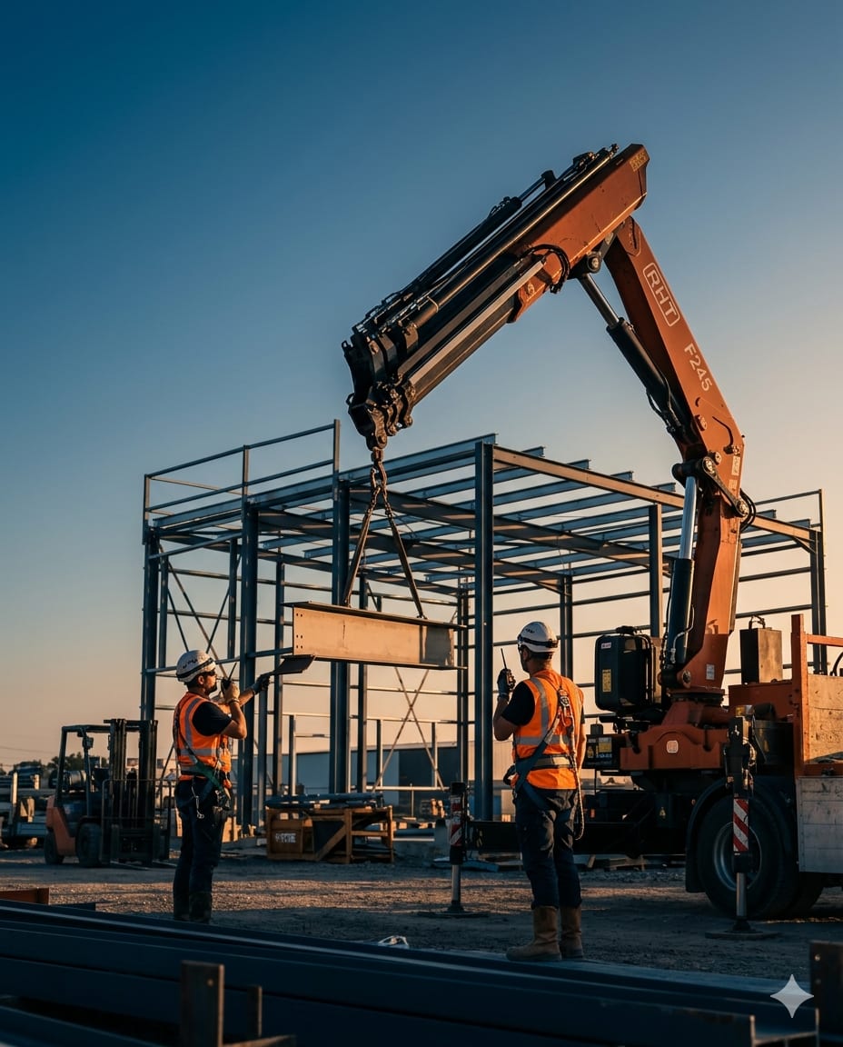 Grúa articulada Fassi F245 de RHT posicionando viga estructural en obra de construcción industrial, dos operadores coordinando maniobra al atardecer