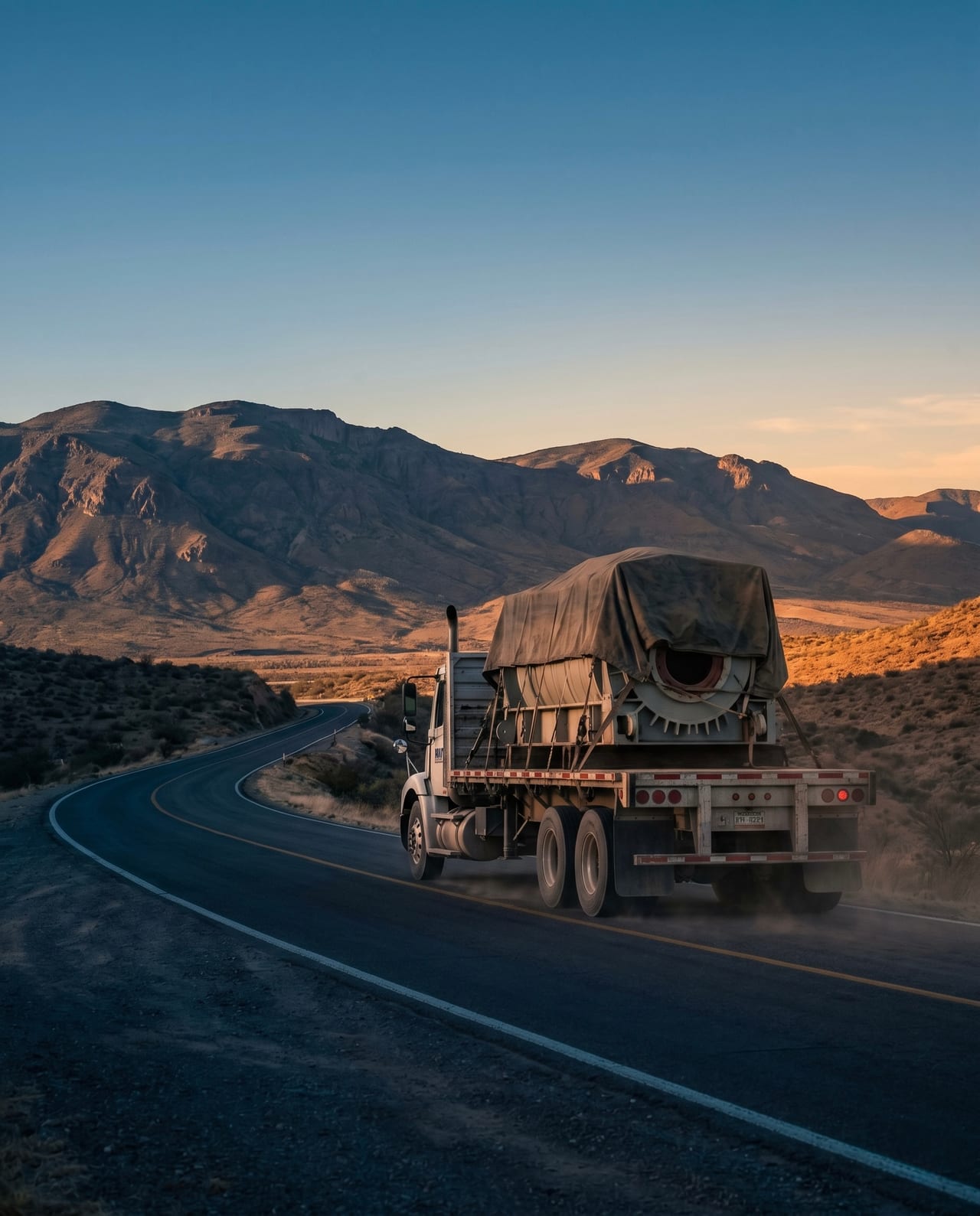 Camión tortón RHT en ruta hacia operación minera en paisaje semi-árido mexicano, carga industrial asegurada bajo lona
