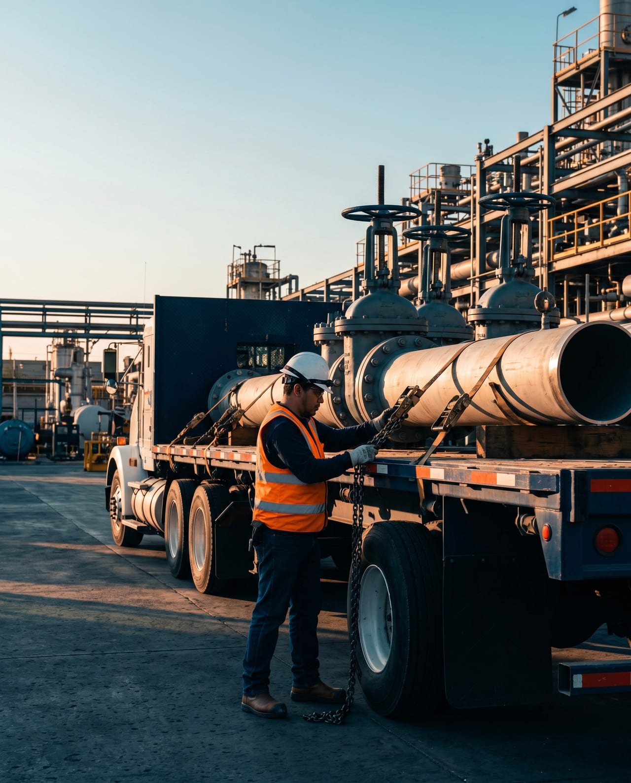 Camión de plataforma RHT cargado con válvulas industriales y tubería de proceso frente a refinería PEMEX, operador asegurando carga con cadenas