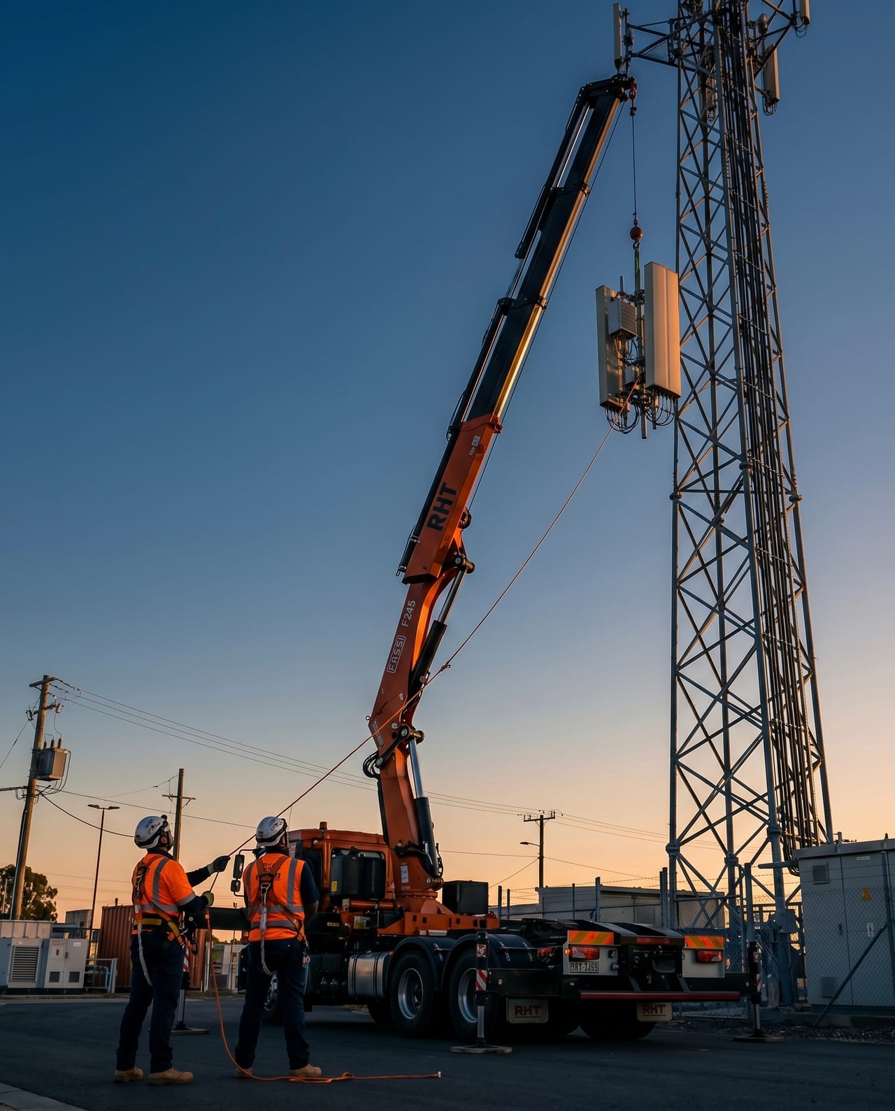 Grúa articulada Fassi F245 de RHT instalando antena sectorial en torre celular durante hora dorada, operadores con equipo de seguridad coordinando maniobra