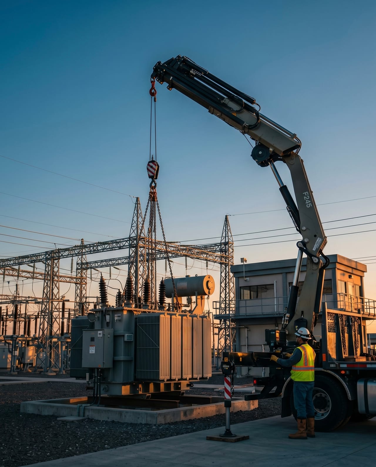 Grúa articulada Fassi F245 de RHT descargando transformador de potencia en subestación CFE durante atardecer